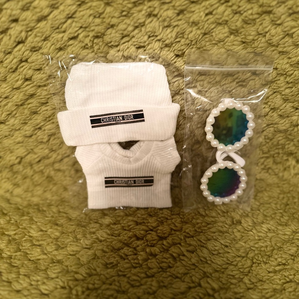 Fashion Dior White Hat and shirt Labubu Set with Pearl Accent glasses